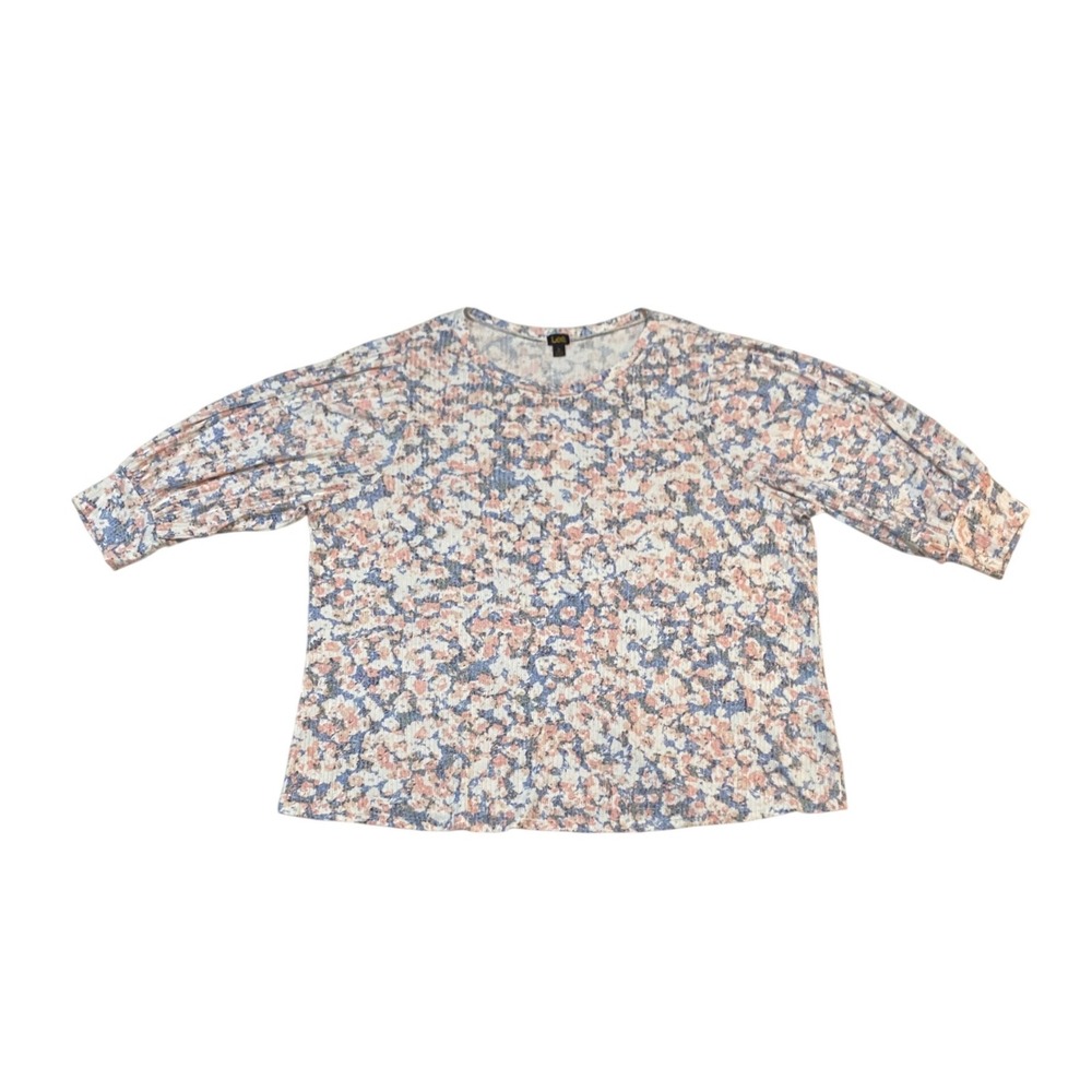Lee Floral Ribbed Knit Puff Sleeve Top Blue Peach Cream 2X LW10447